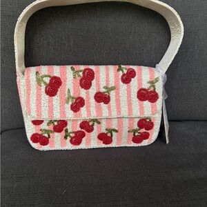 Viral Beaded Purse, Pink and White with Cherry
